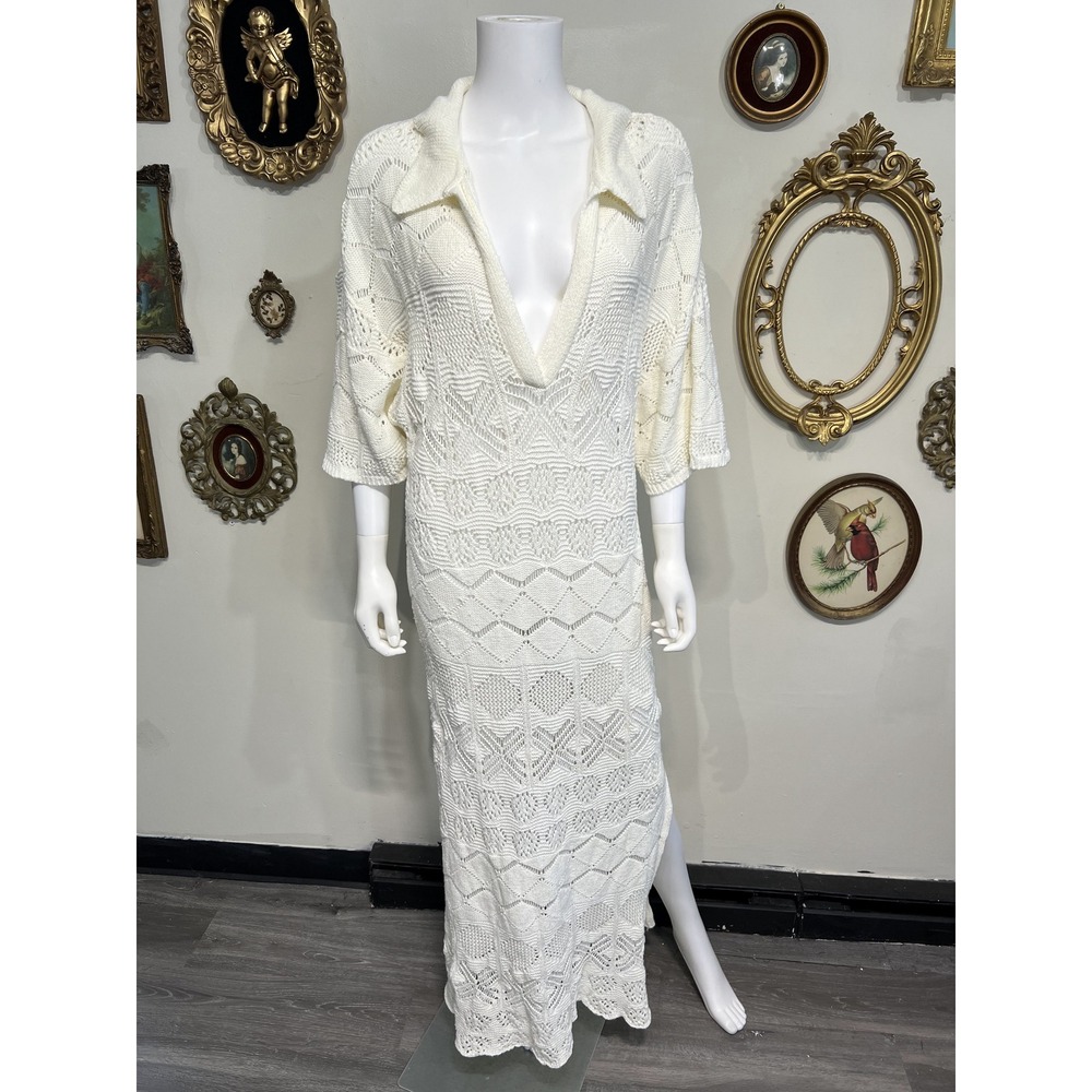 Free People Beach Ivory Open Knit Crochet Polo Maxi Cover Up Dress Size Large